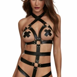 Dreamgirl Lingerie Fiery Faux Leather Teddy & Wrist Restraints