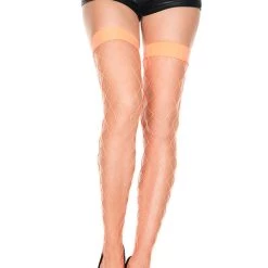 Music Legs Neon Orange Diamond Net Stockings With Wide Bands