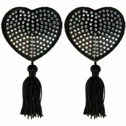 XGEN Black Satin Heart-White Stones & Tassel Nipple Pasties Lingerie