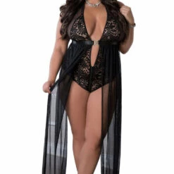 G World Intimates Plus Size Lingerie Plus Size Black Zipper Crotch Teddy Gown