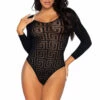 Leg Avenue Black Mosaic Sheer Opaque Snap Crotch Bodysuit Lingerie