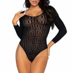 Leg Avenue Black Mosaic Sheer Opaque Snap Crotch Bodysuit Lingerie