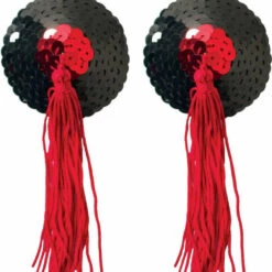 XGEN Black & Red Sequin With Black Tassel Nipple Pasties Lingerie