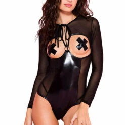 Music Legs Black Peek-a-boo Sheer Long Sleeve Teddy Lingerie