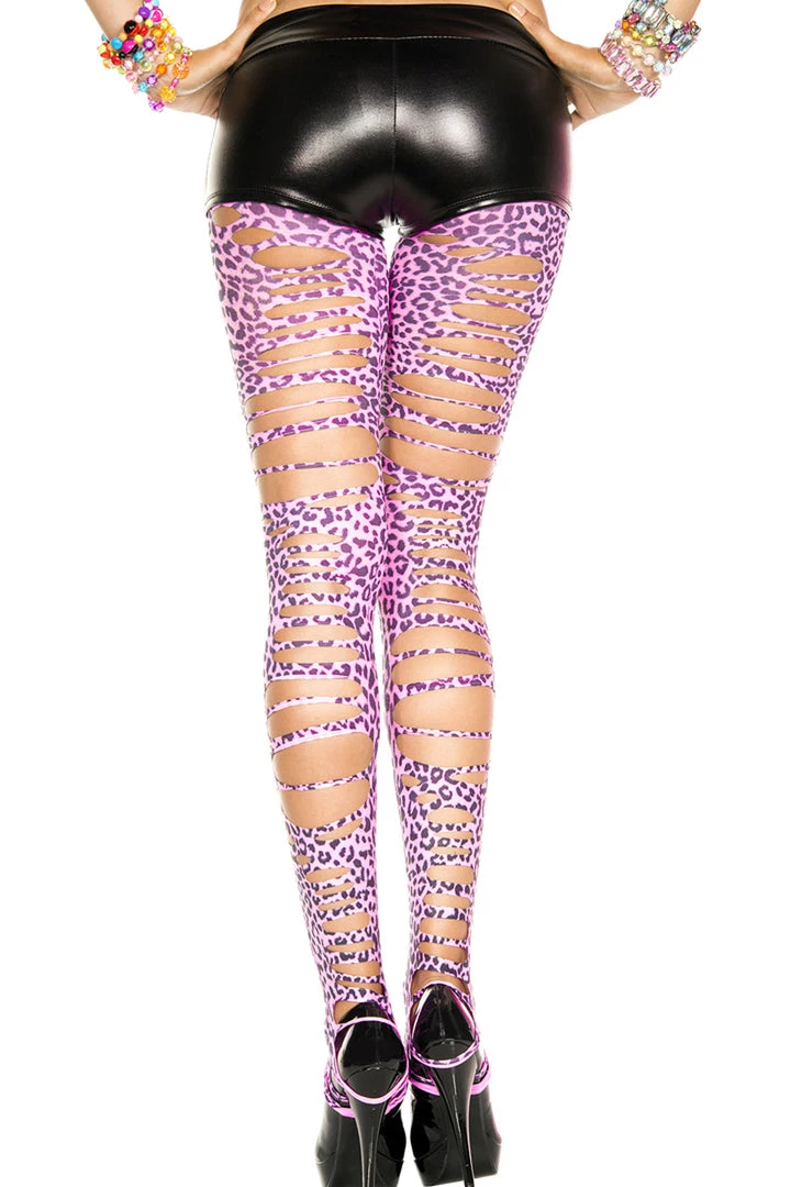 Music Legs Neon Pink Tattered Leopard Print Footless Tights Hosiery 1 Music Legs Neon Pink Tattered Leopard Print Footless Tights Hosiery