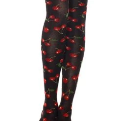 Music Legs Hosiery Cherry Print Black Thigh High