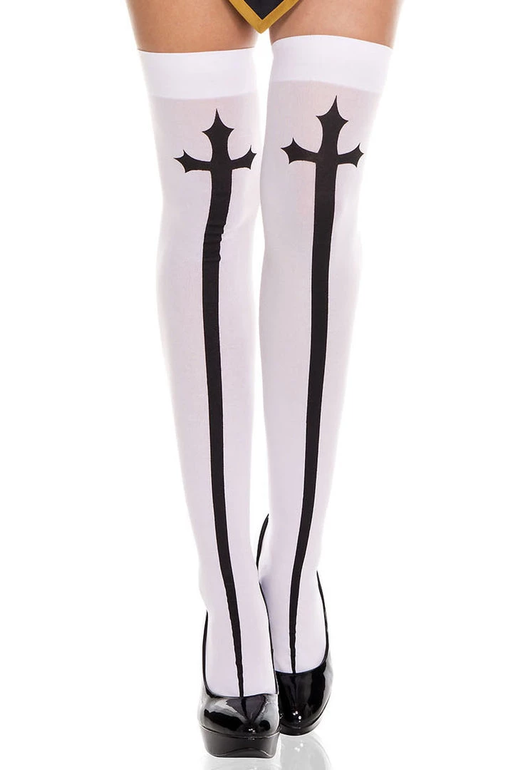 Music Legs Gothic Cross Print Thigh Highs 1 Music Legs Gothic Cross Print Thigh Highs