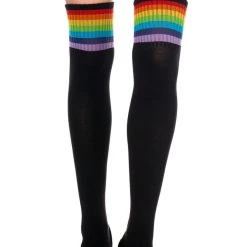 Music Legs Hosiery Black Thigh High Sock Stockings With Rainbow Stripes