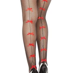 Music Legs Hosiery Black Fishnet Thigh Highs With Red Bow Backseams