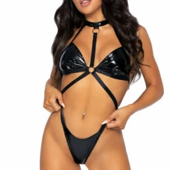 Leg Avenue Stretch Black Vinyl Harness Teddy With Strappy Open Back
