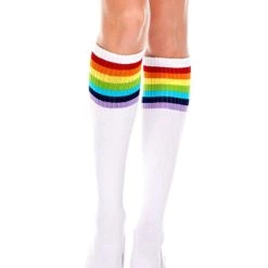 Music Legs Hosiery White Knee High Socks With Rainbow Stripes