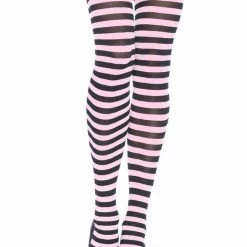 Leg Avenue Black And Baby Pink Striped Pantyhose Hosiery