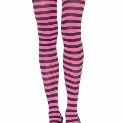 Leg Avenue Black And Neon Pink Striped Pantyhose Hosiery