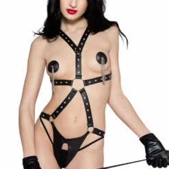 Music Legs Black Wet Look Body Harness Teddy Lingerie