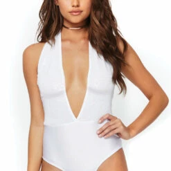 Leg Avenue Lingerie White Sequin Halter Bodysuit