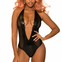 Shirley Of Hollywood Gold Chains Wet Look Sheer Bodysuit Lingerie