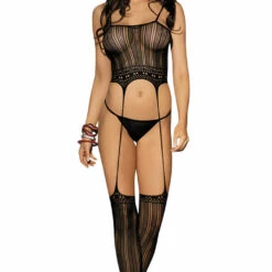 BL Brands Black Cut-Off Body Stocking W- Garters Lingerie