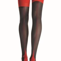 Leg Avenue Black Thigh High Stockings With Red Cuban Heel