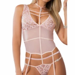 G World Intimates Baby Pink Jacquard Lace Teddy & Stockings Set Lingerie