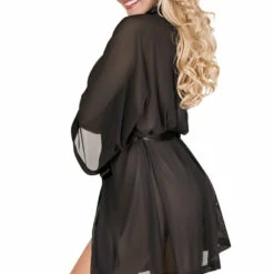 Magic Silk Plus Size Skye Black Mesh And Satin Kimono Robe