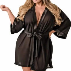 Magic Silk Plus Size Skye Black Mesh And Satin Kimono Robe