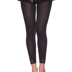 Music Legs Onyx Opaque Leggings With Lace Trim Hosiery