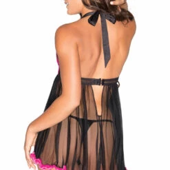 Be Wicked Pink Satin & Mesh Halter Babydoll Set