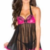 Be Wicked Pink Satin & Mesh Halter Babydoll Set