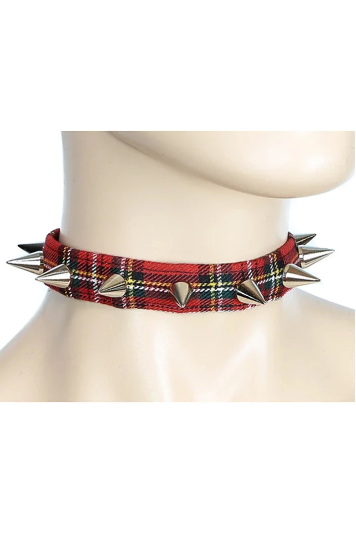 Funk Plus 3-4" Red Plaid Choker With Small Cone Spikes 2 Funk Plus 3-4" Red Plaid Choker With Small Cone Spikes