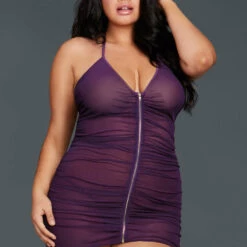 Dreamgirl Plus Size Purple Mesh Zipper Chemise