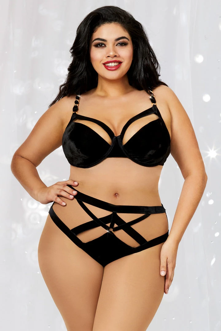 Dreamgirl Plus Size Strappy Velvet Bra And Panty Set 3 Dreamgirl Plus Size Strappy Velvet Bra And Panty Set
