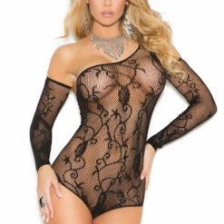 Elegant Moments One Sleeve Floral Fishnet Teddy Lingerie