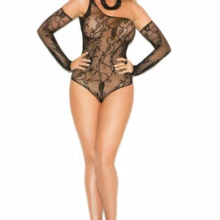 Elegant Moments Plus Size One Sleeve Floral Fishnet Teddy