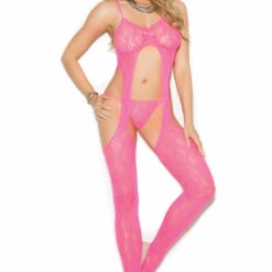 Elegant Moments Lingerie Pink Lace Suspender Bodystocking