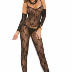 Elegant Moments Bow Lace Bodystocking And Gloves