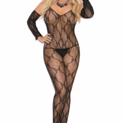 Elegant Moments Plus Size Bow Lace Bodystocking And Gloves
