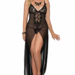 Elegant Moments Plus Size Long Mesh And Lace Lingerie Gown