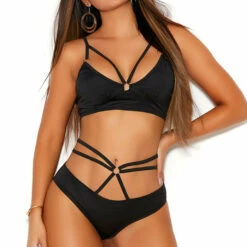 Elegant Moments Black Strappy Bralette And Panty Lingerie