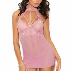 Elegant Moments Rose Mesh And Lace High Neck Chemise Lingerie