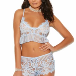 Elegant Moments Blue Eyelash Lace Cami And Boyshort