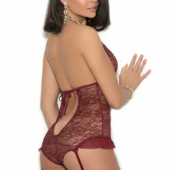 Elegant Moments Wine Lace Garter Teddy Lingerie