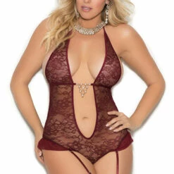 Elegant Moments Plus Size Wine Lace Garter Teddy