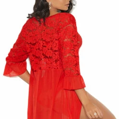 Elegant Moments Red Mesh Teddy And Bedroom Jacket Lingerie