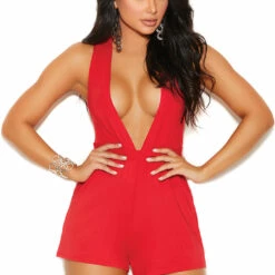 Elegant Moments Lingerie Low Cut Red Romper