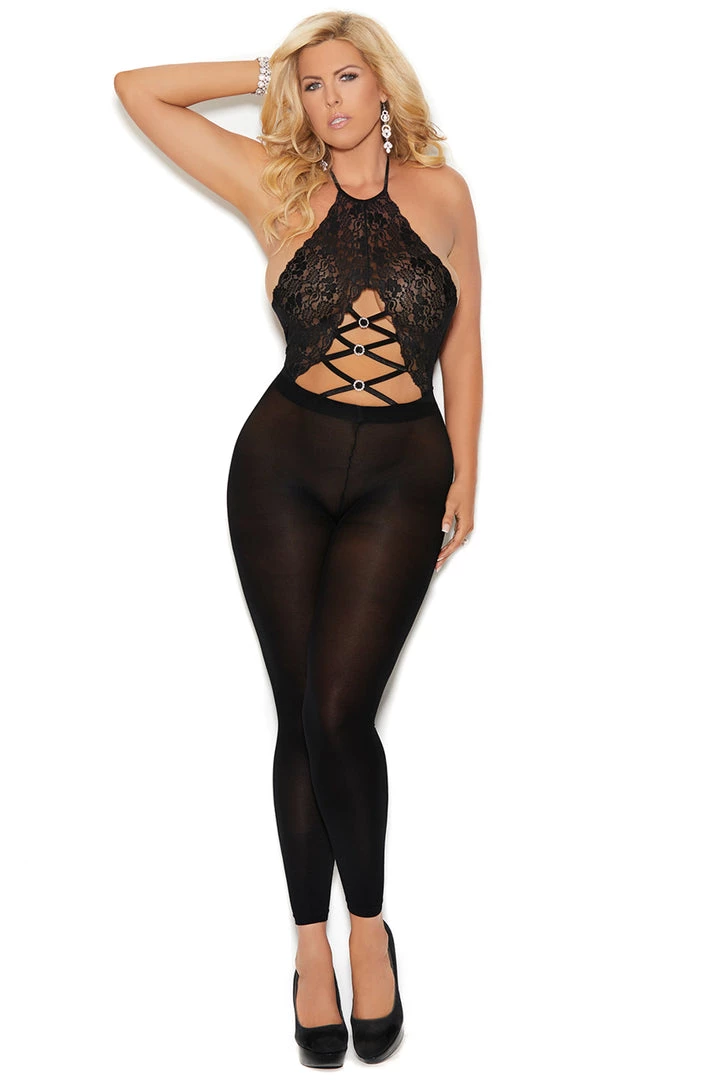 Elegant Moments Plus Size Lace And Opaque Halter Bodystocking 2 Elegant Moments Plus Size Lace And Opaque Halter Bodystocking