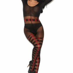 Elegant Moments Lingerie Red And Black Patterned Bodystocking