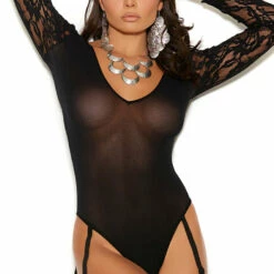 Elegant Moments Black Garter Teddy With Long Sleeves 7 Elegant Moments Black Garter Teddy With Long Sleeves