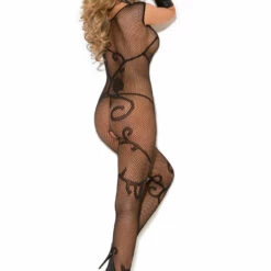Elegant Moments Fishnet Scroll Pattern Bodystocking
