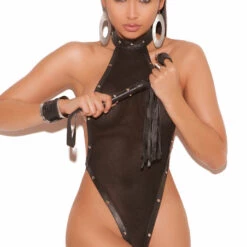 Elegant Moments Halter Fishnet And Leather Teddy