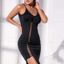 Mapalé Lace Up Black Midi Dress Clothing